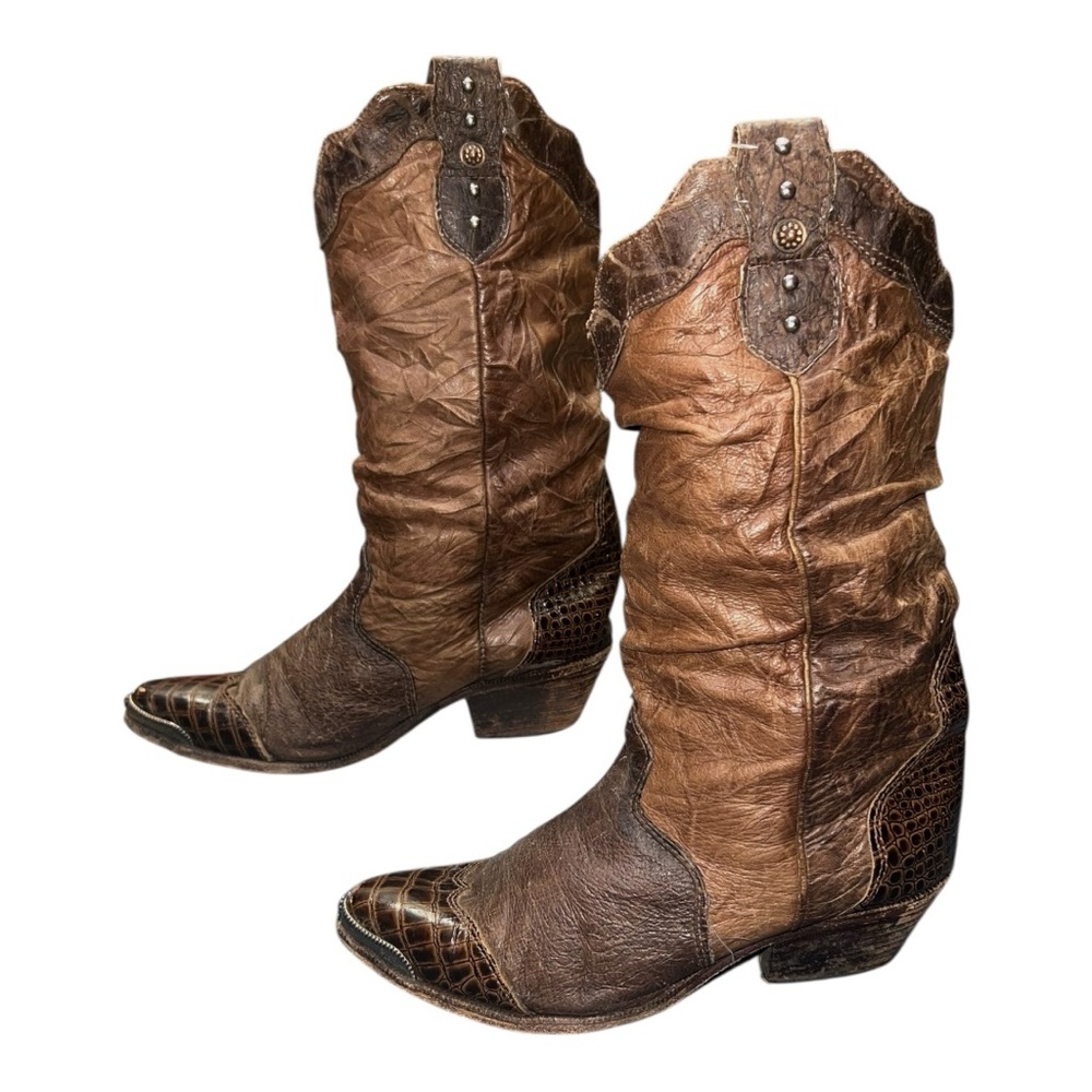 Zodiac Womens Brown Slouchy Western Cowboy Boots Croc Embossed Metal‎ Toe Tip